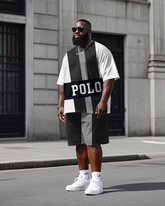 Big Men's Black & White Color Block Splicing Letter POLO Printed Short Sleeve T-shirt Shorts Set